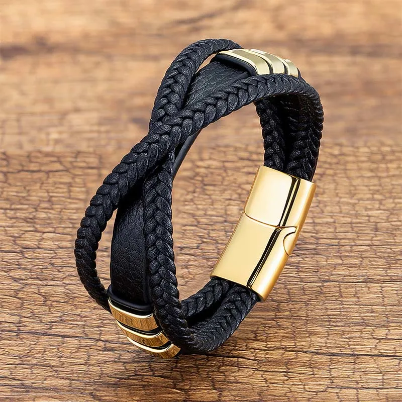 Multi Layered Cross Woven Design Leather Titanium Bracelet
