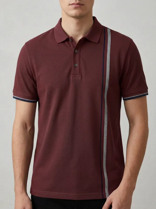 Men's Blue Vertical Stripe Contrast Trim Printed Polo Shirt