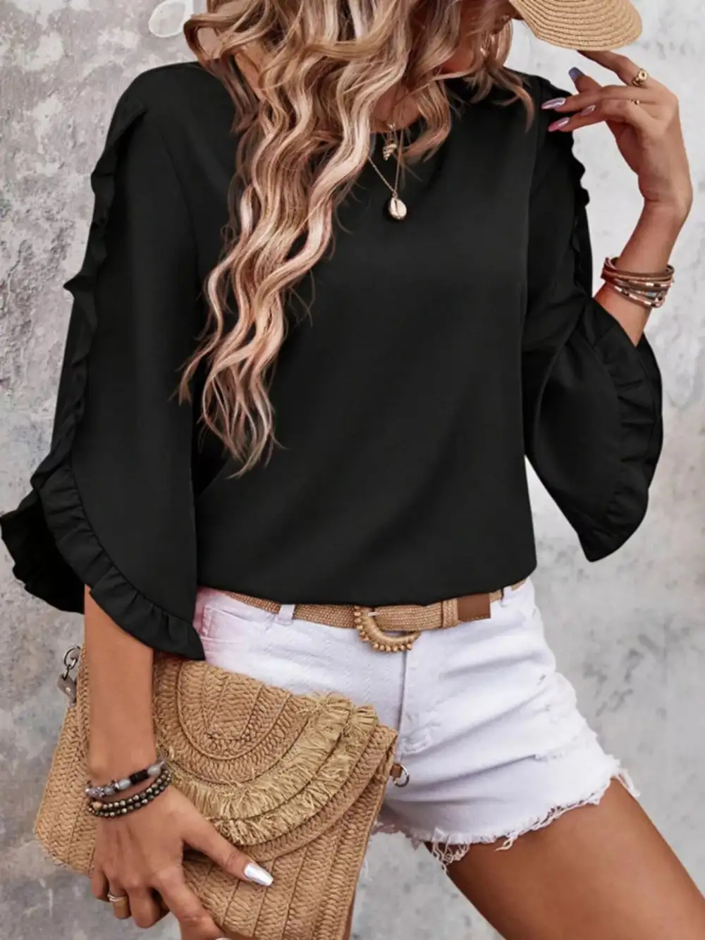 Ruffle Sleeve Solid Color Blouse
