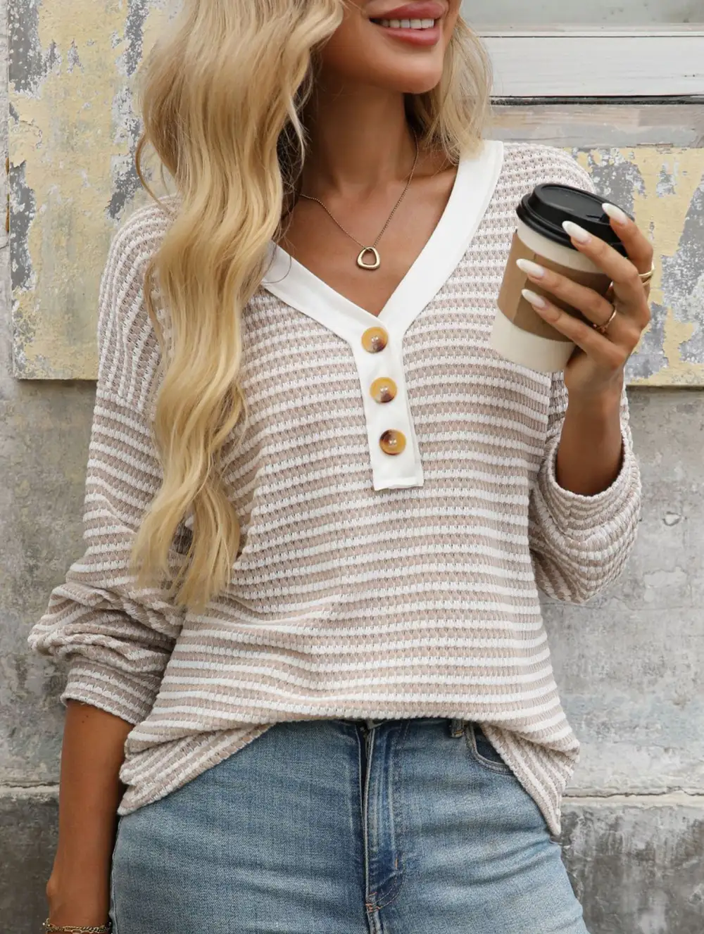 Button Down V Neck Top