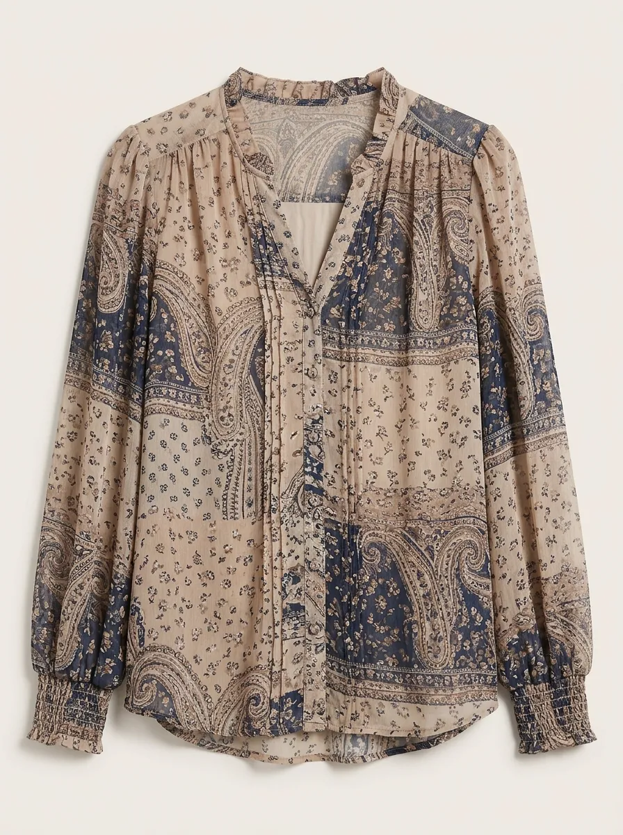 Women's Boho Paisley Floral Printed Mixed Media Blouse
