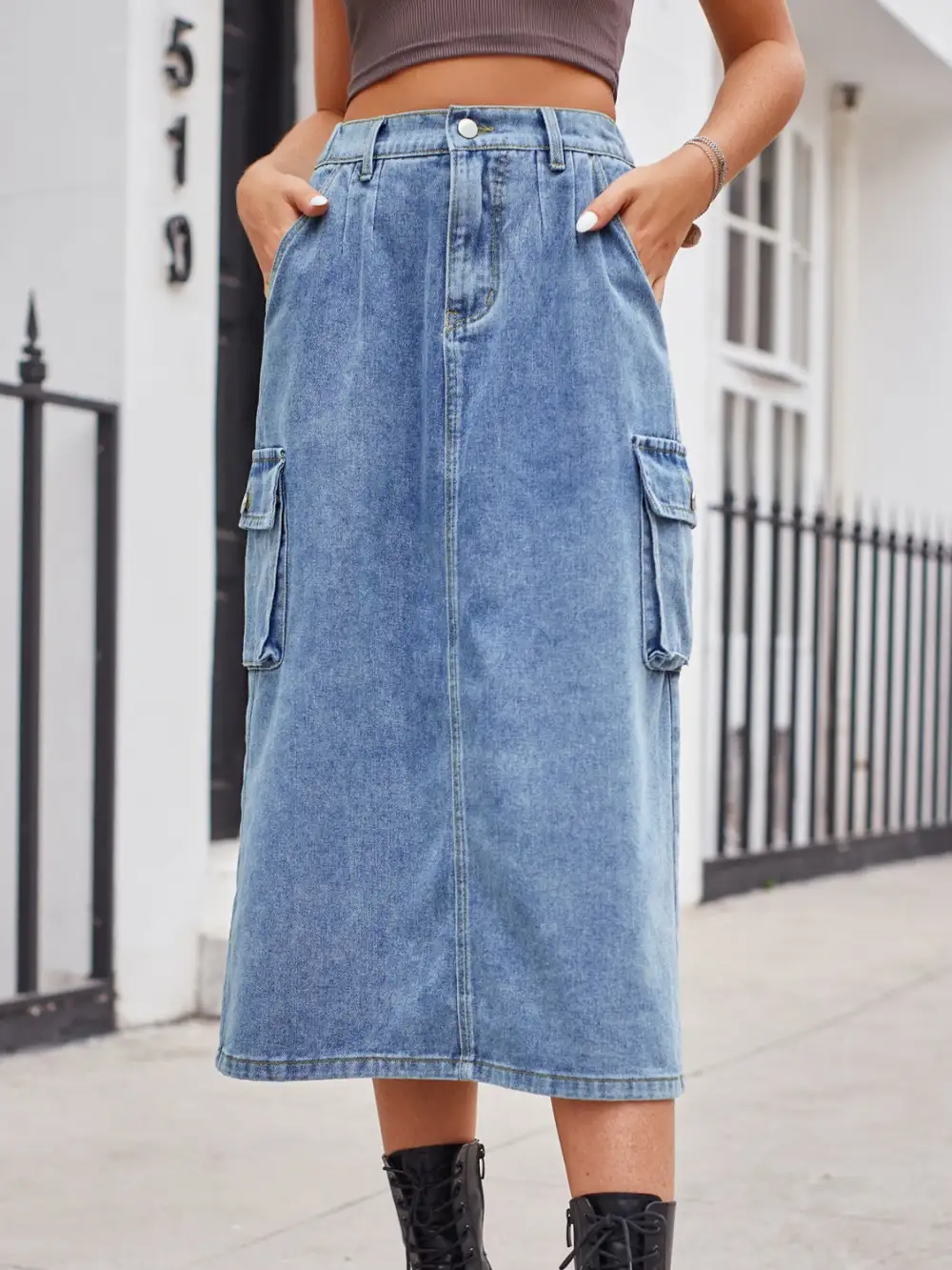 Simple Button Front Denim Detail Skirt