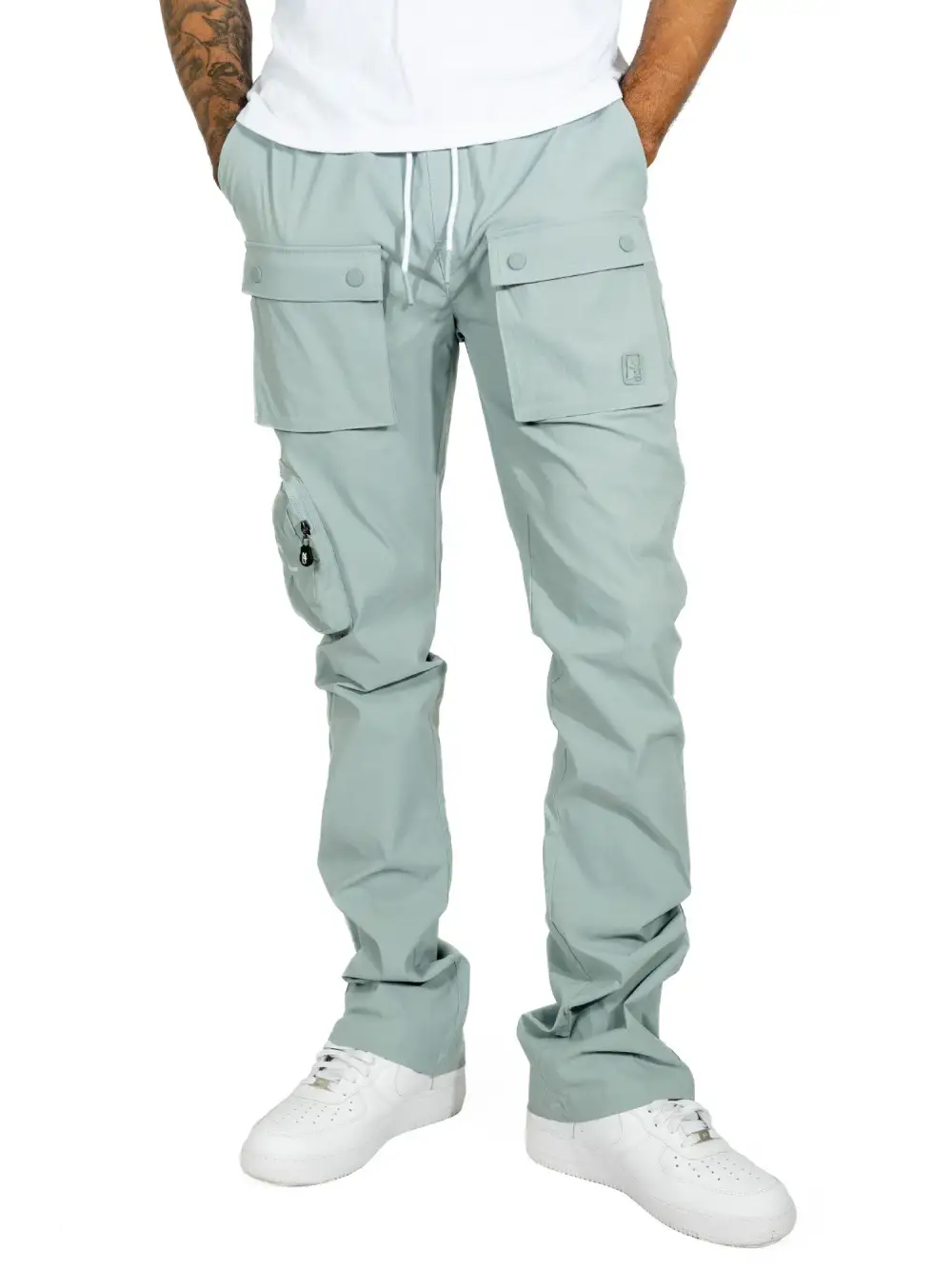 Nylon Stacked Cargo Pants - Teal