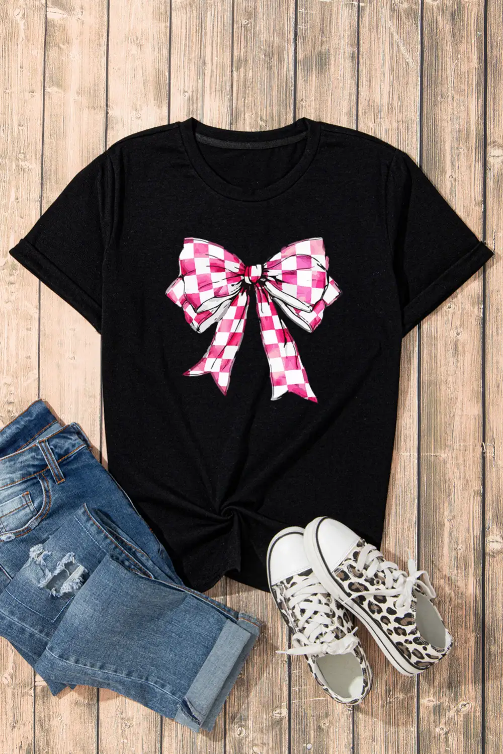 Black Checkerboard Bowknot Graphic Crewneck