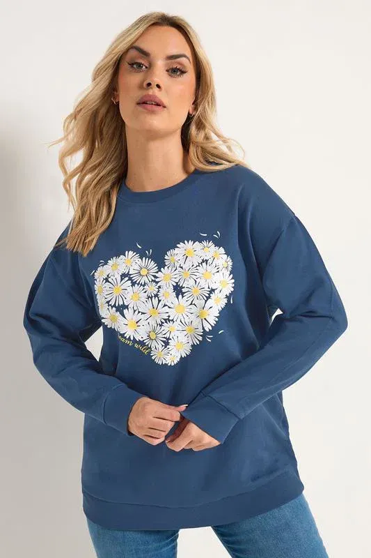 Blue Daisy Print Studded Sweatshirt
