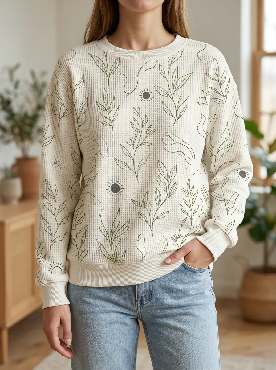 Women's Botanical Sun Line Art Waffle Knit Crewneck Sweatshirt