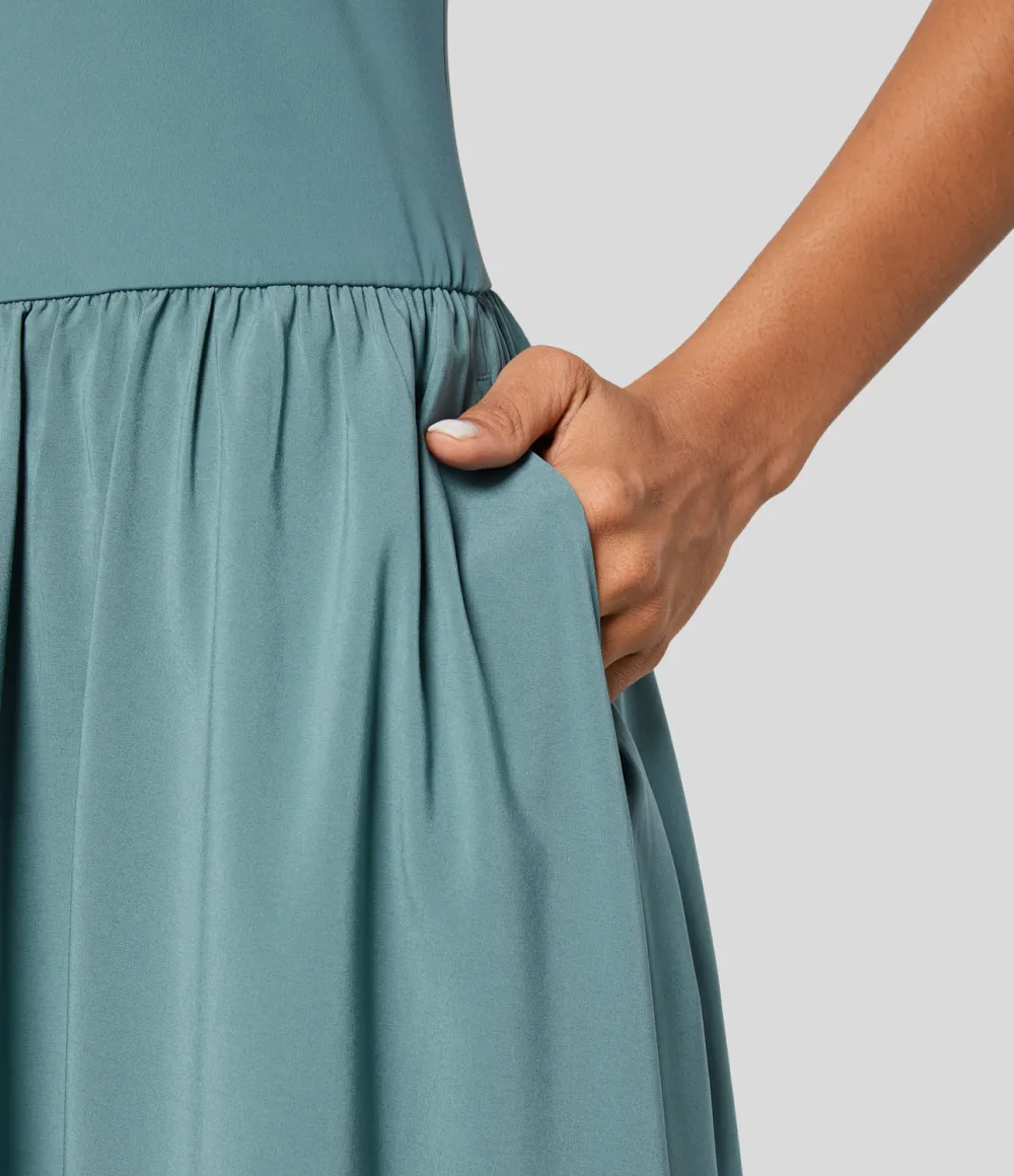Breezeful Backless Side Pocket Plicated Flowy Flare Maxi Quick Dry Casual Slip Dress