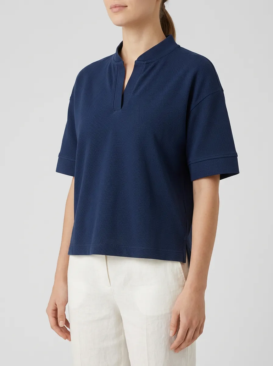 Women's Navy Blue Short Sleeve Polo with Open V Neck