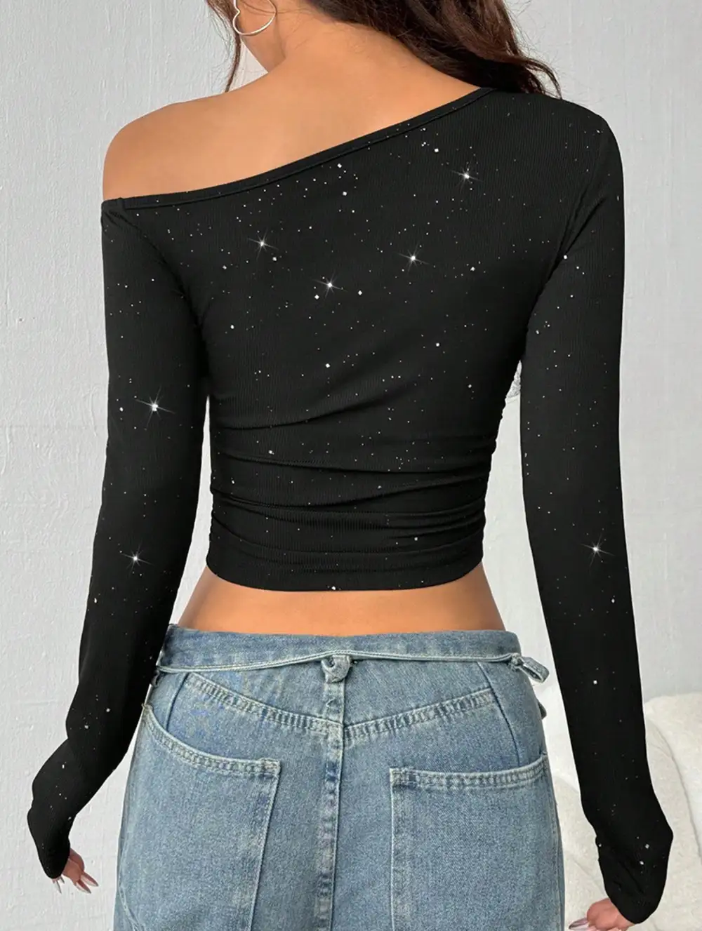Rhinestone One Shoulder Knit Top