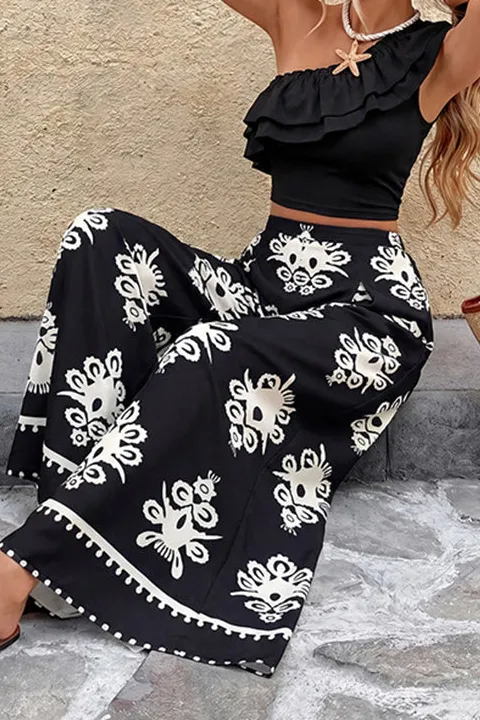 Shoulder Ruffle Casual Two Piece Set