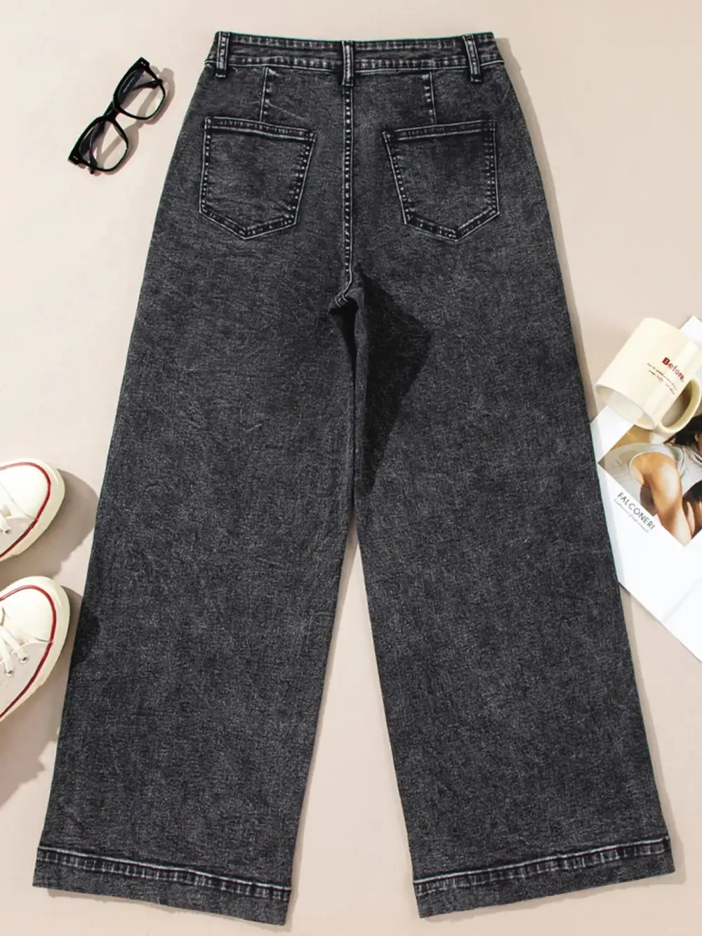 Textured High Waist Wide Leg Washed Denim Jeans