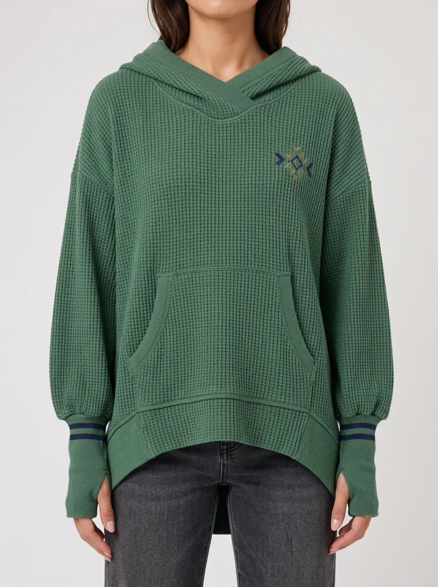 Women's Geometric Pattern Green Waffle Knit Printed Hoodie