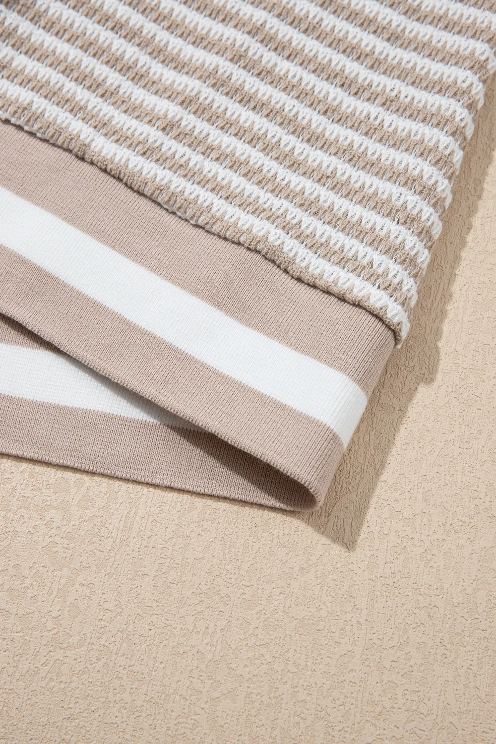 Beige Striped Textured Knit V Neck Top