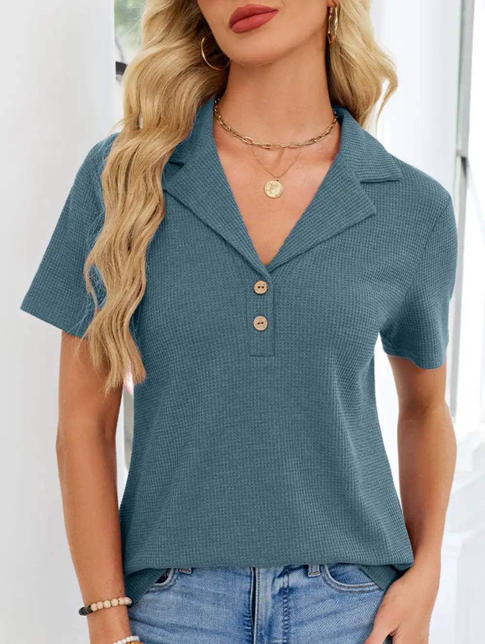 Lapel Waffle Knit Short Sleeve Top