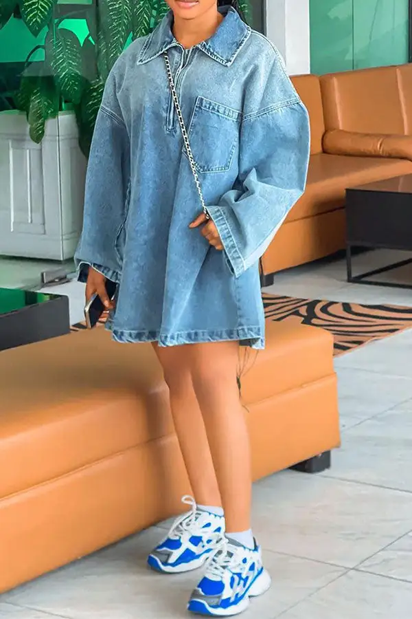 Washed Gradient Denim Casual Pocket Mini Dress