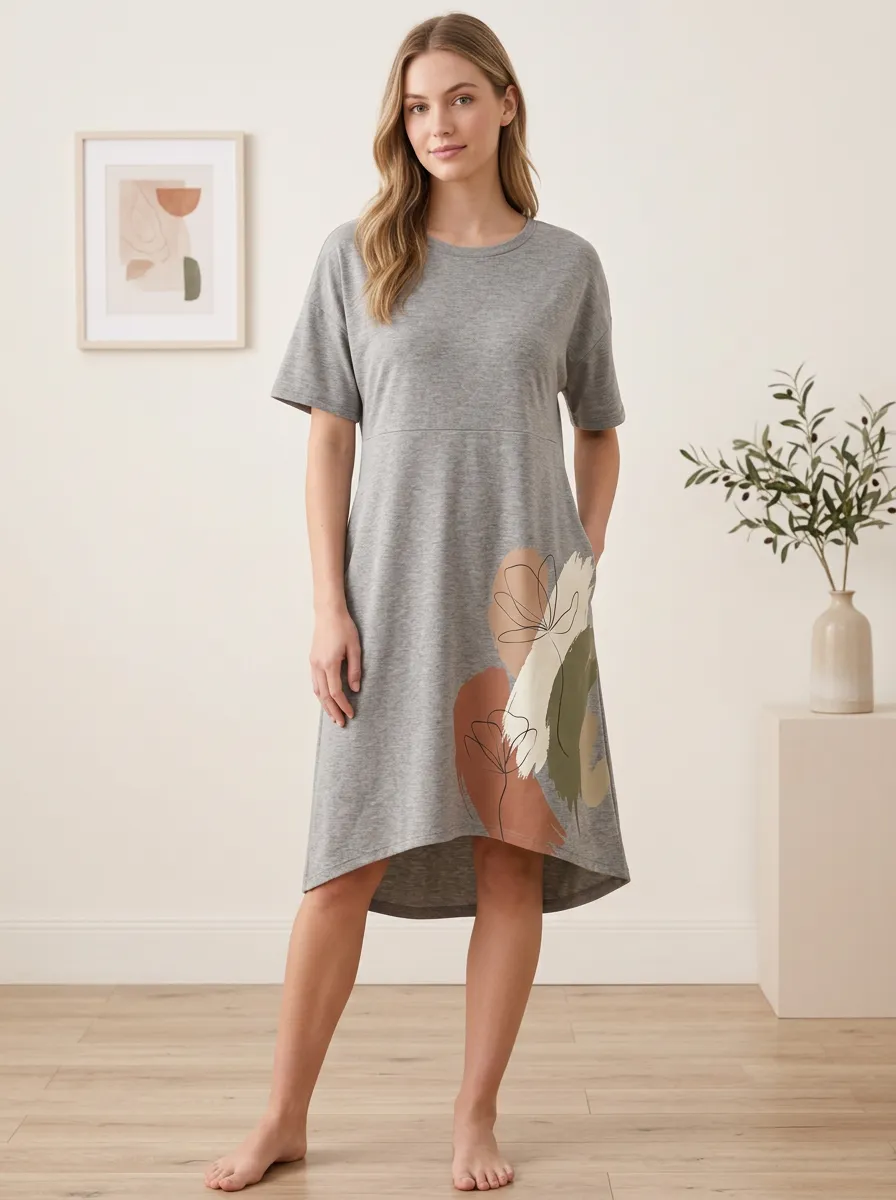 Women's Abstract Floral Art Printed High-Low T-shirt Dress