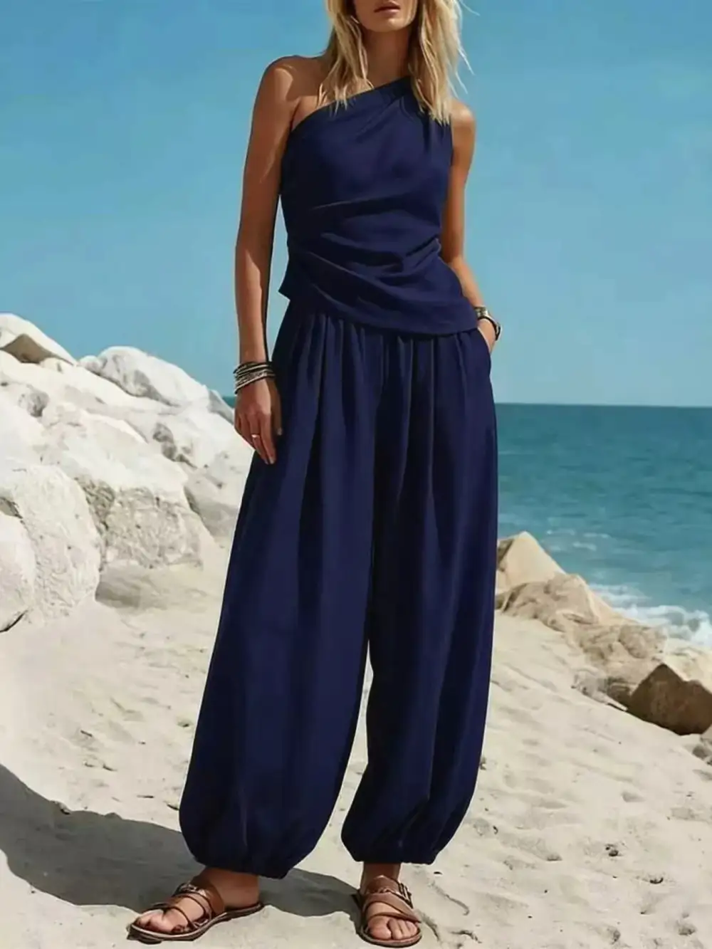 Full Size One Shoulder Top and Wide Leg Pants