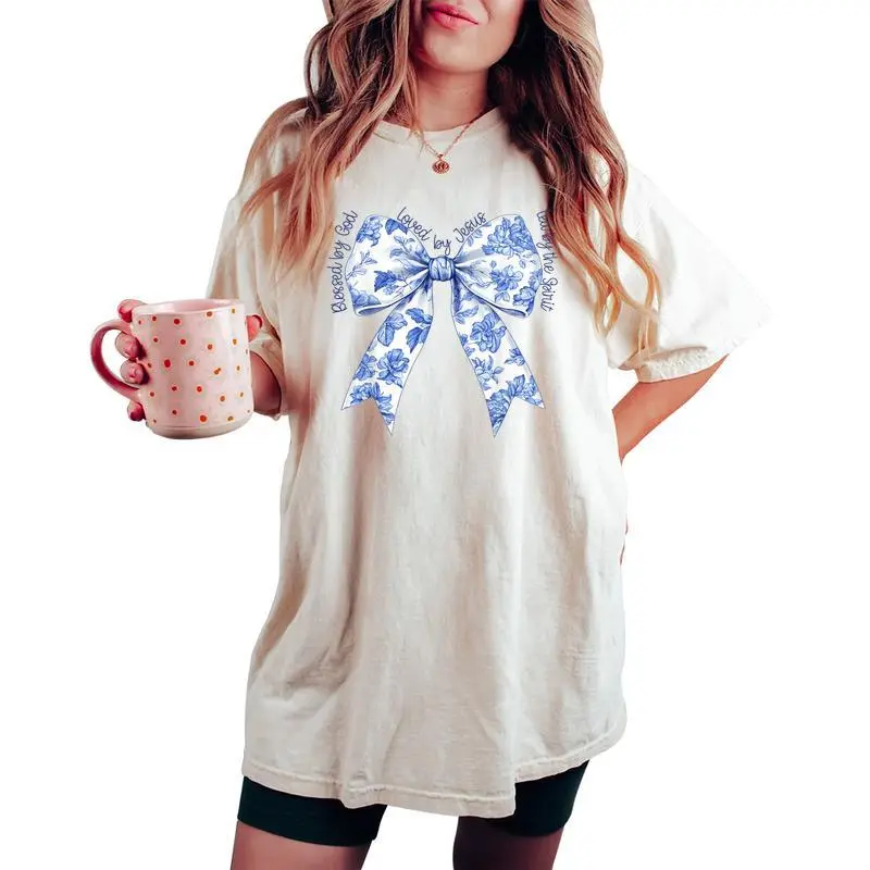 Blessed By God Loved By Jesus Blue Toile Coquette Bow Women's Oversized Comfort T-shirt