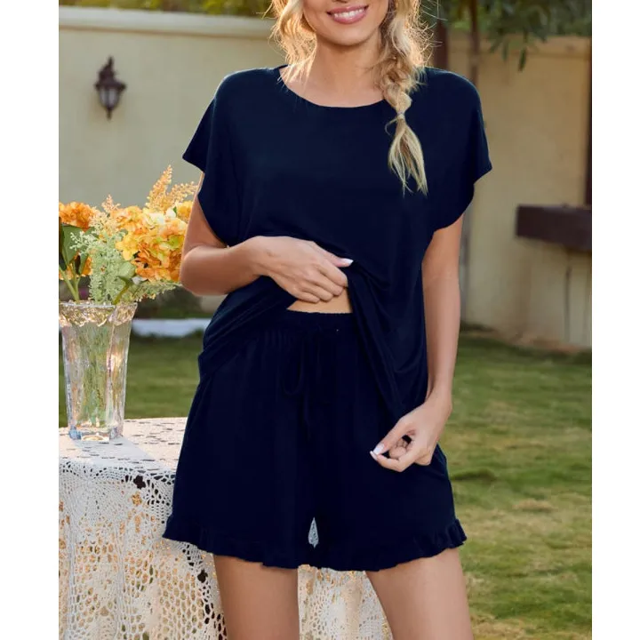 Round Neck Short Sleeve T Shirt and Drawstring Shorts Lounge Set