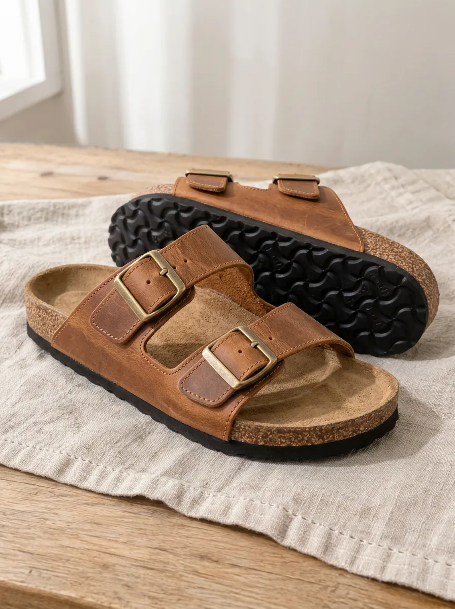 Unisex Double-Strap Buckle Casual Leather Cork Sandals