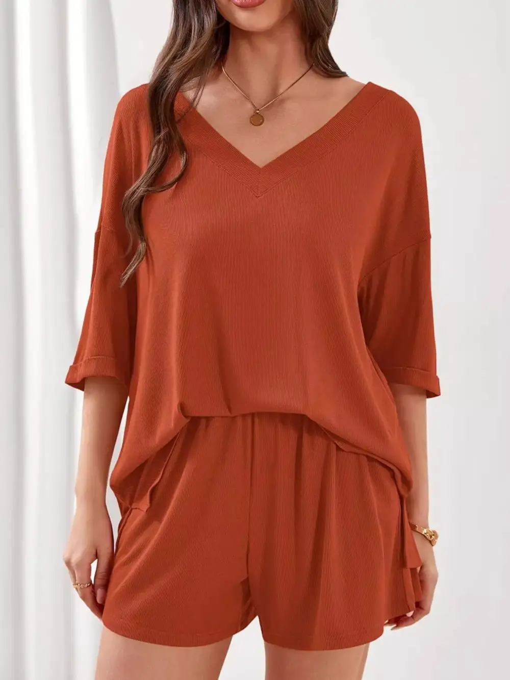 Casual Solid Color V Neck Top and Shorts Set
