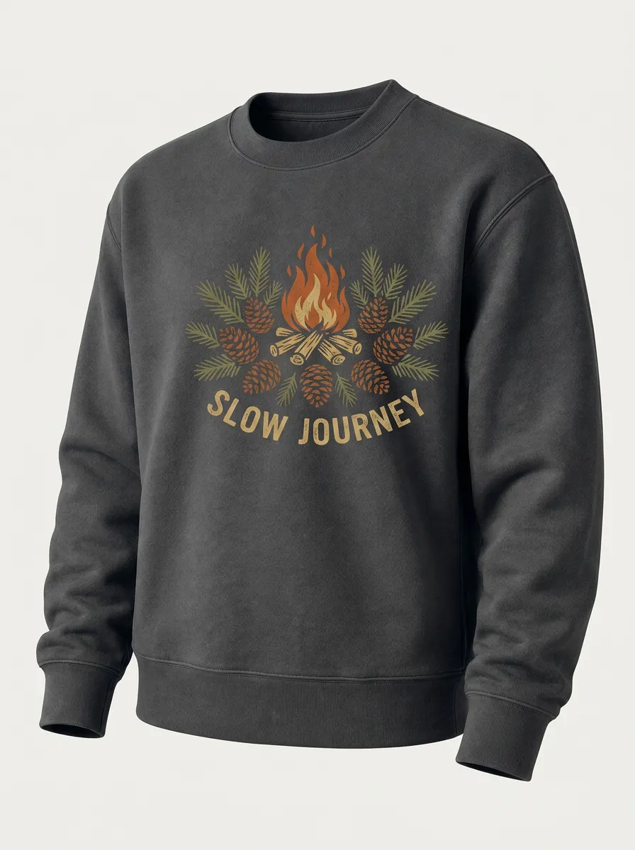 Unisex Camping Lover Slow Journey Campfire Pinecone Printed Sweatshirt