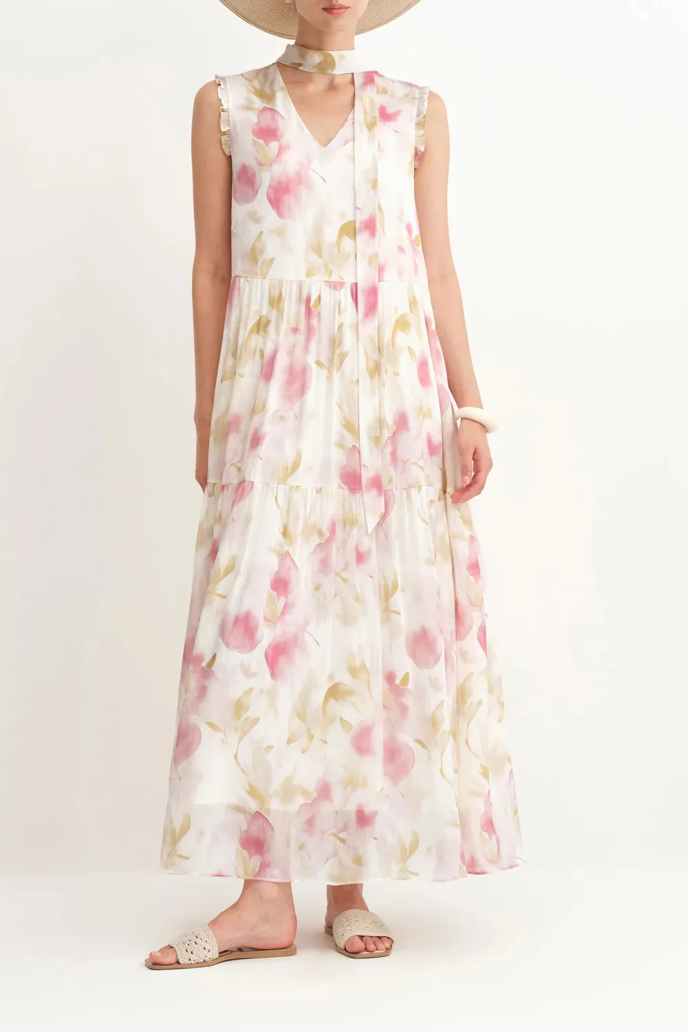 Printed Floral Silk Linen Blend Maxi Dress