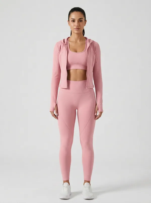 Performance-Inspired Ribbed Texture Look Women's Three Piece Activewear Set