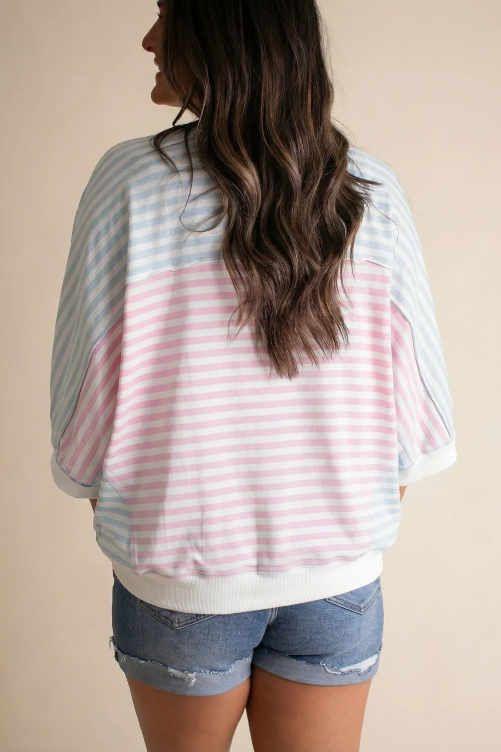 Stripe Oversize Dolman Sleeve Patchwork Tee