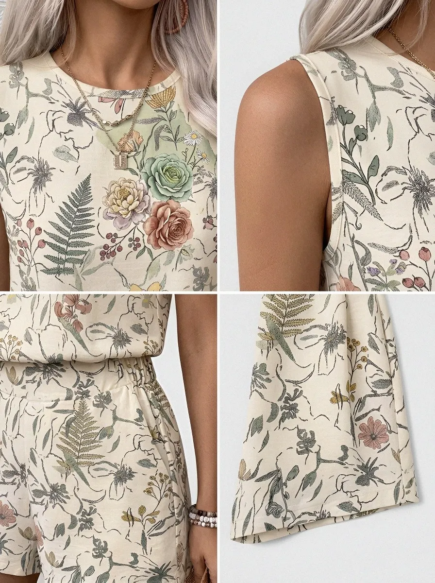 Women's Botanical Floral Fern Printed Sleeveless Short Set
