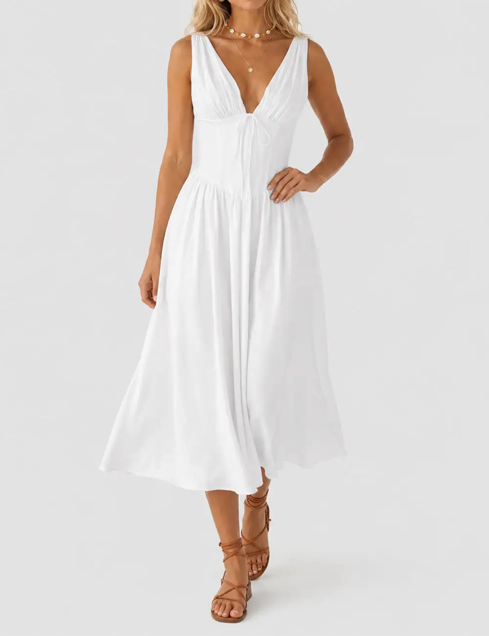 Deep V Neck Ruched Bust Midi Dress
