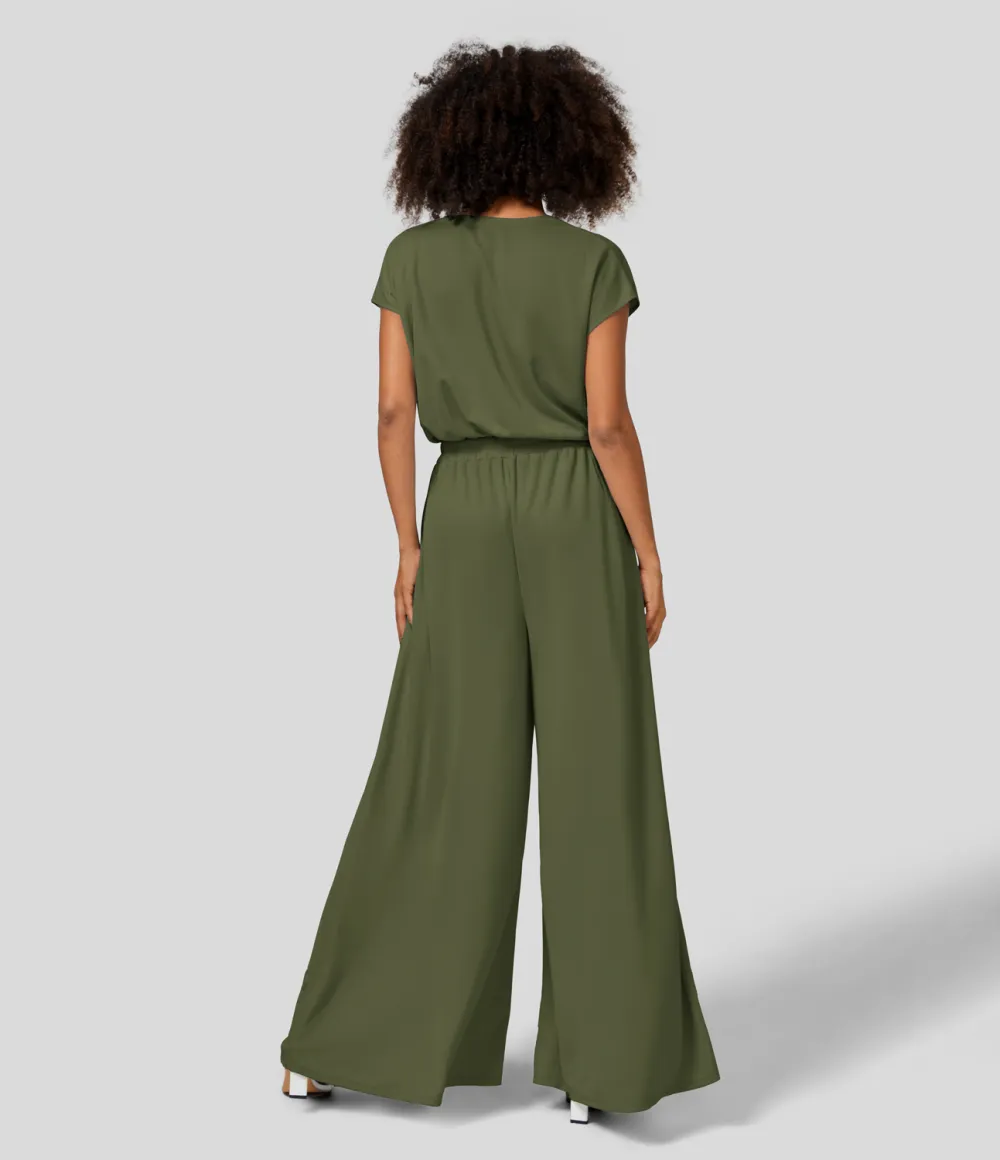 V Neck Short Sleeve Plicated Side Pocket Wide Leg Flowy Waffle Casual Jumpsuit