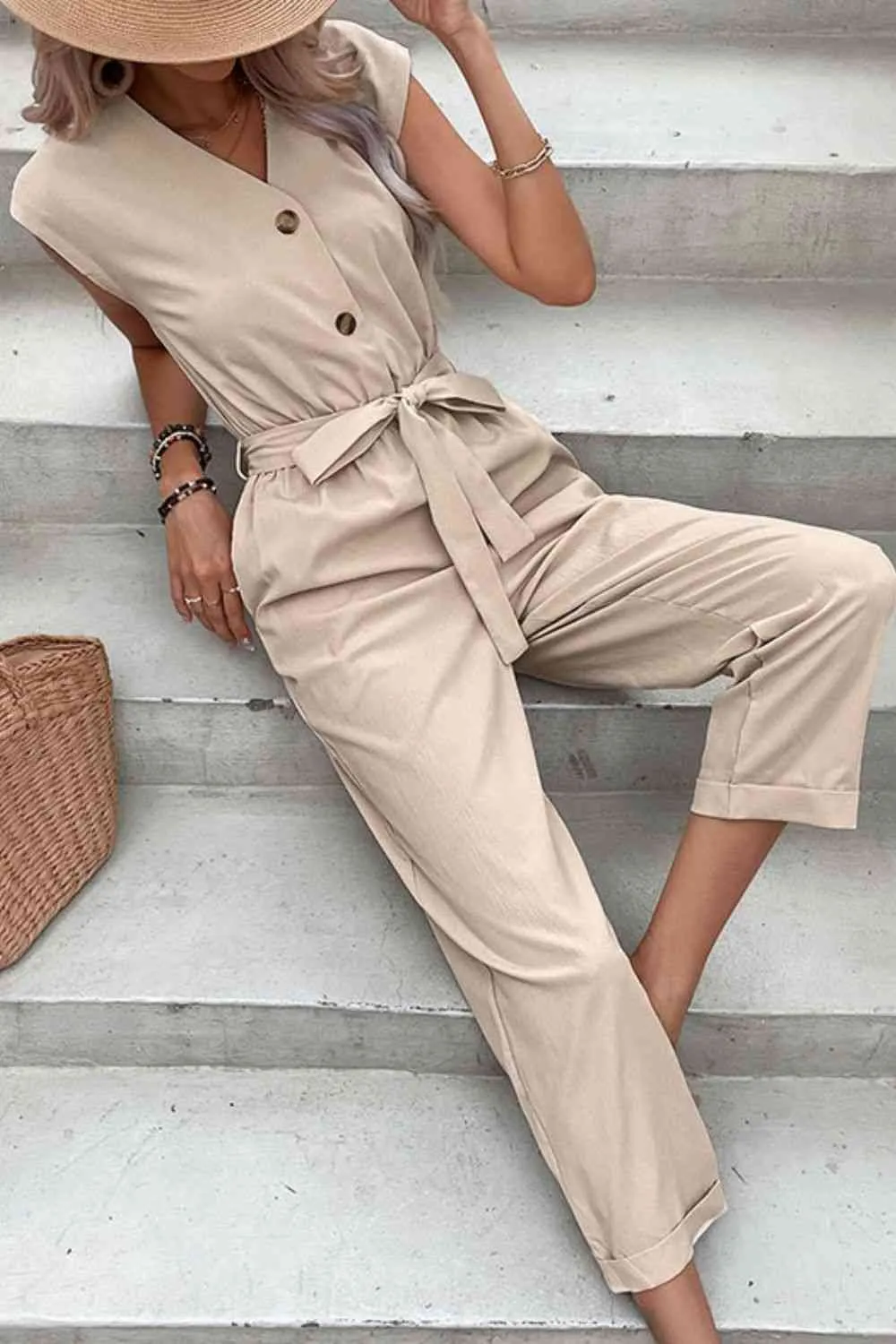 Capped Sleeve Belted V Neck Jumpsuit