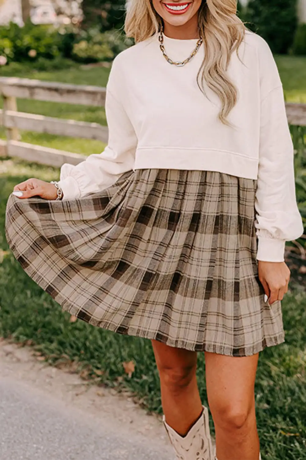 Classic Plaid Patchwork High Waist Sweatshirt Mini Dress