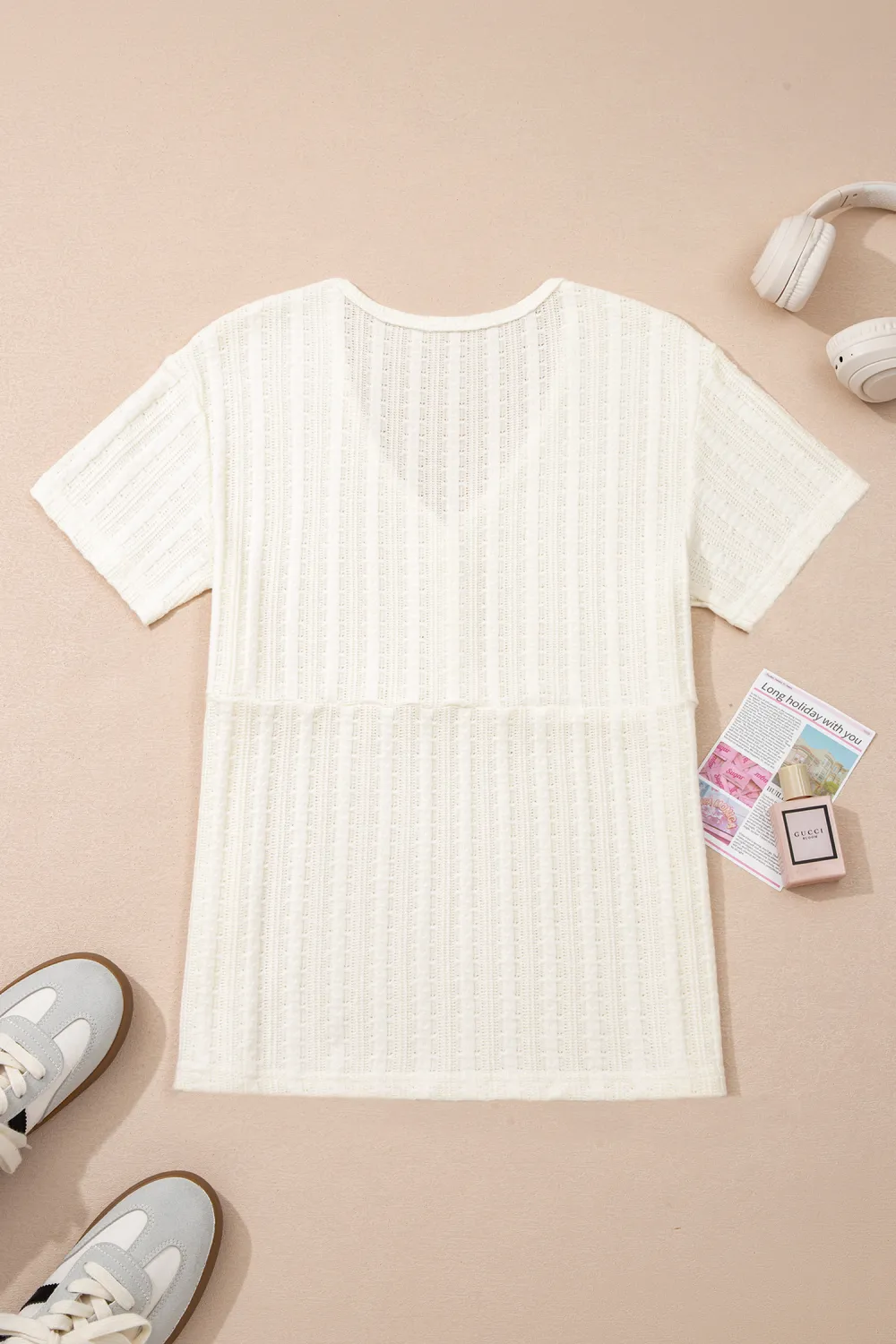 White Textured Button V Neck Tee
