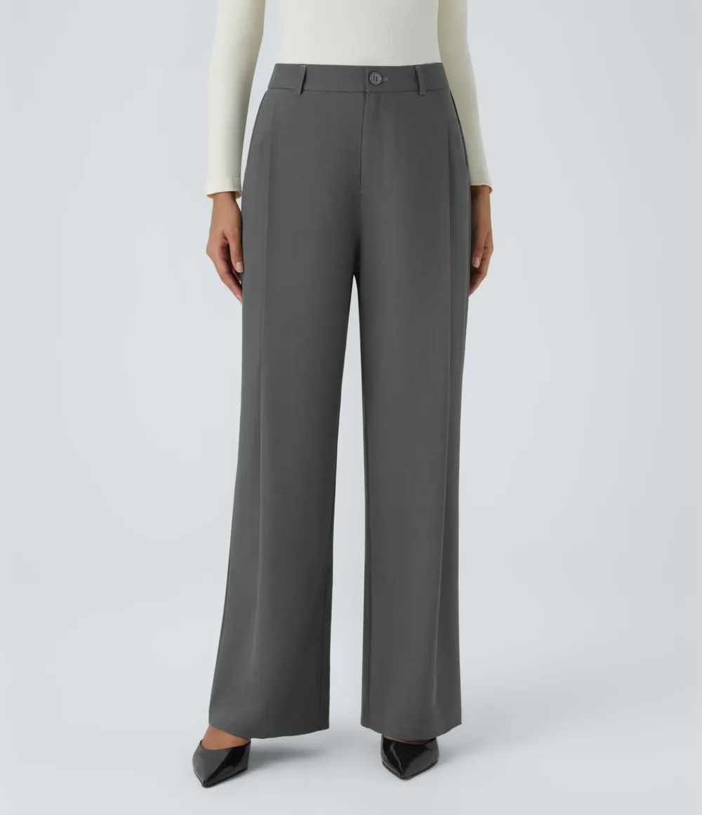 High Waisted Pleated Side Pocket Wide Leg Work Pants