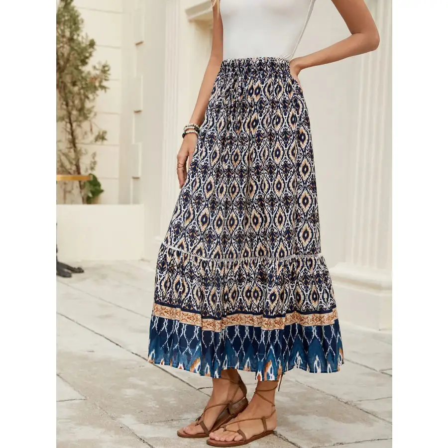 Bohemian Printed Ruched Maxi Skirt