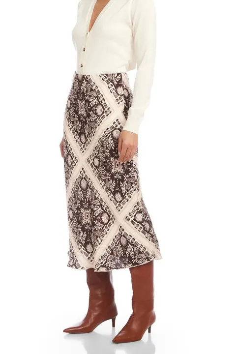 Women's Brown Bandana Print Bias Cut Midi Skirt