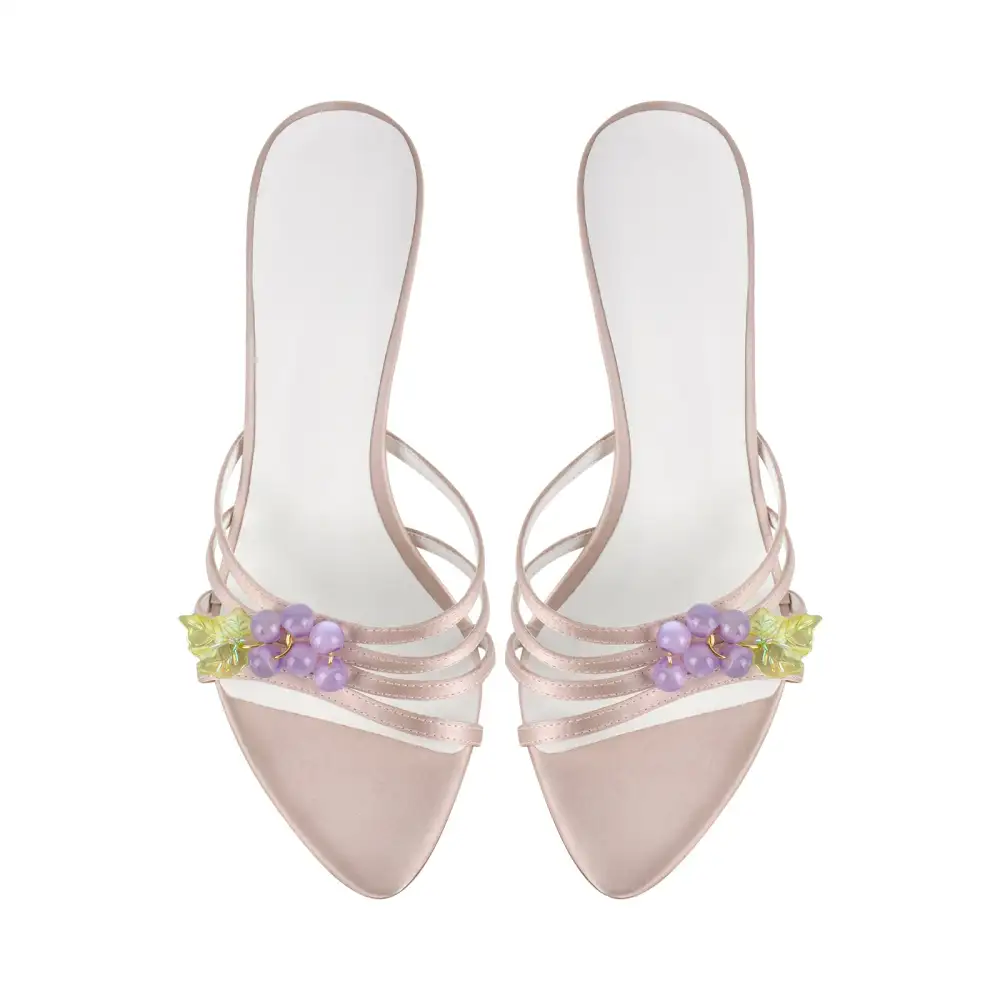 Pointed Toe Satin Grape Bead Embellished Mule Sandals