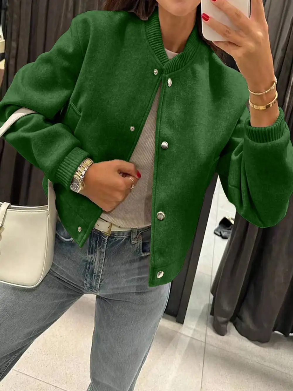 Cropped Teddy Ribbed Trim Bomber Jacket