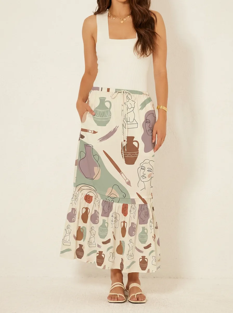 Women's Art Lover Greek Vase Statue Printed Midi Skirt
