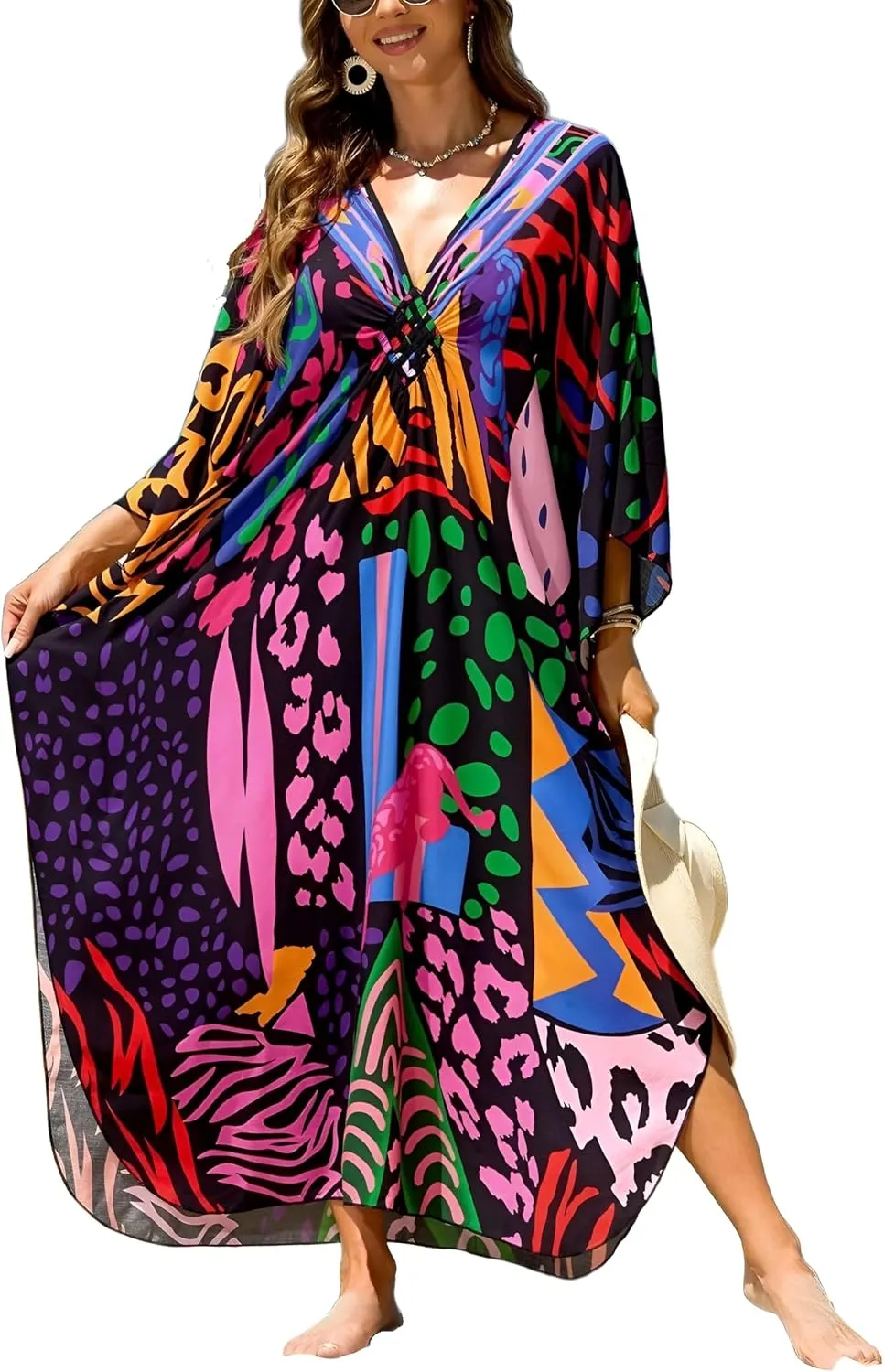 IMAGEKOPE Kaftan Dresses for Women Plus Size V-Neck Moo Moos Batwing Kaftan Beach Dress Bathing Suit Cover-Up Loungewear