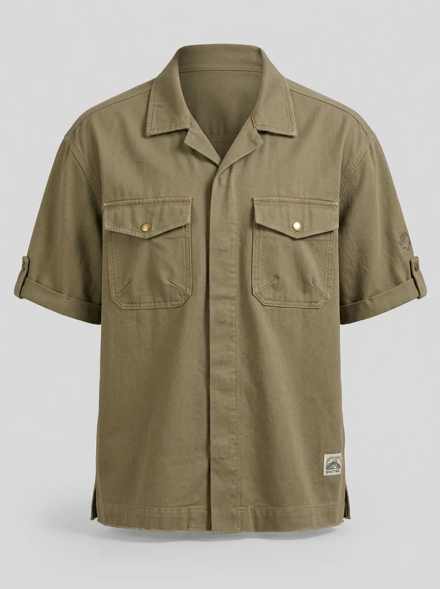 Men's Casual Outdoor Olive Green Utility Pocket Shirt