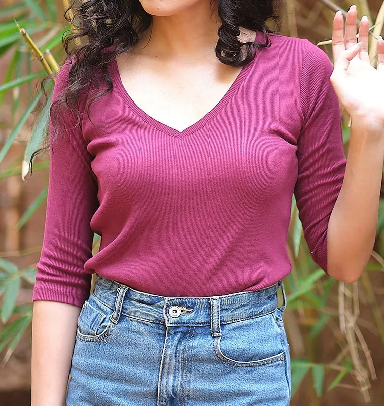 Berry Pink Ribbed V-Neck Tee