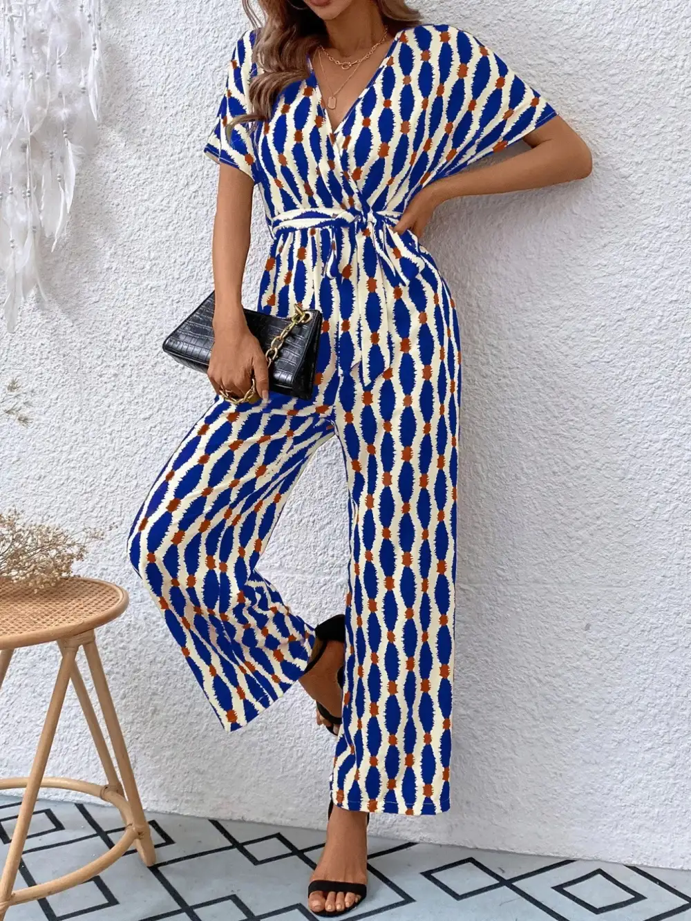 Printed Surplice Tie Waist Short Sleeve Shorts