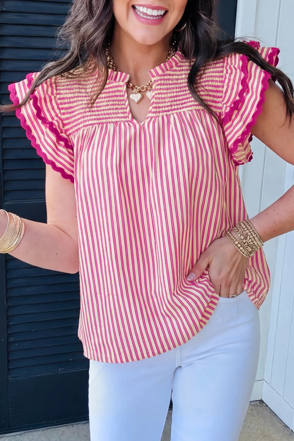 Rose Stripe Shirred Yoke Ruffled Blouse