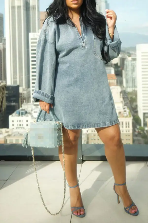 Washed Gradient Denim Casual Pocket Mini Dress