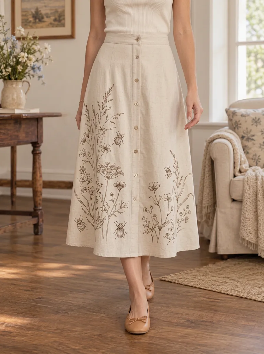 Women's Botanical Nature Lover Beetle Floral Printed Midi Skirt