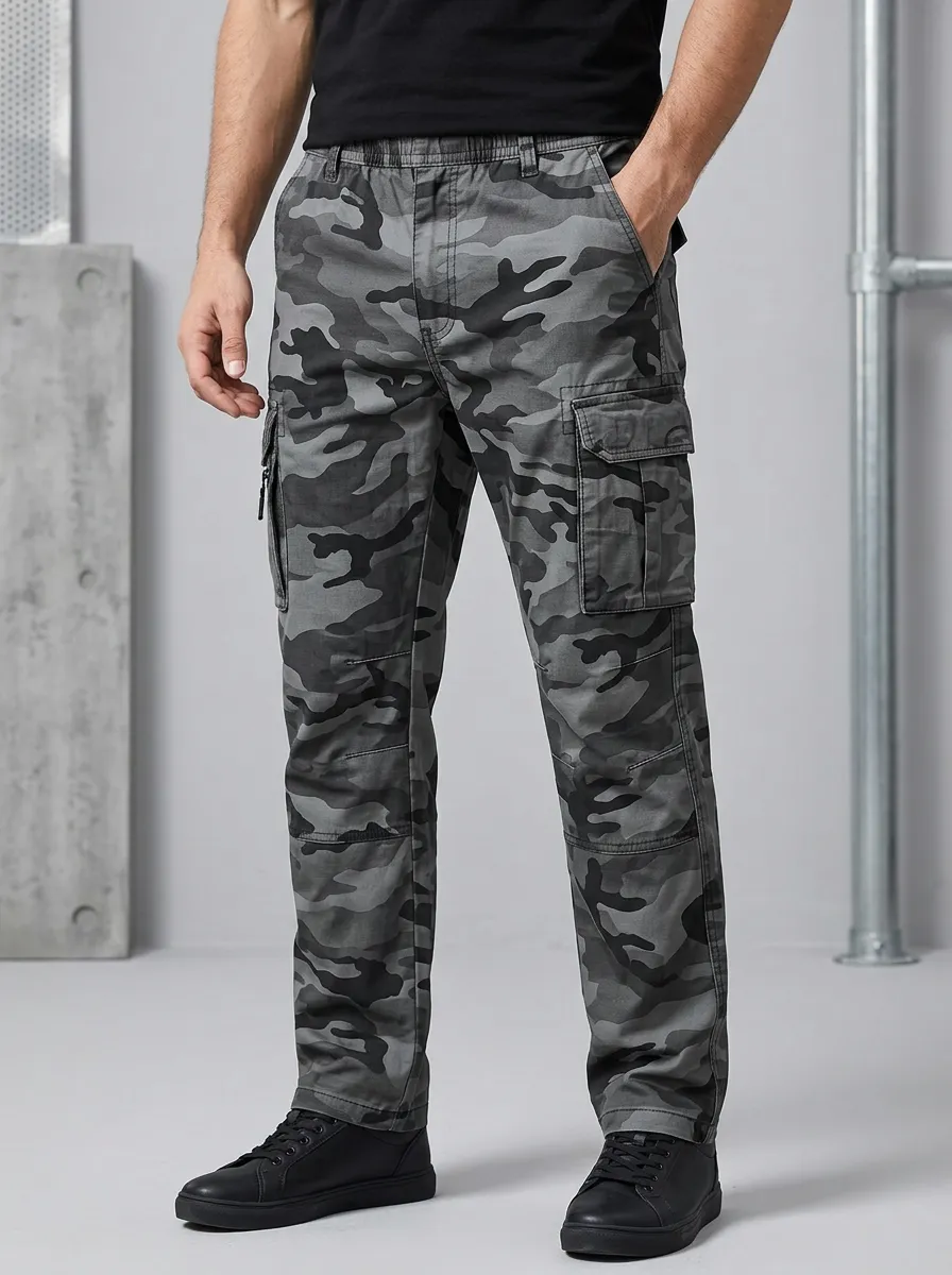 Men's Tactical Outdoor Grey Camouflage Printed Cargo Pants