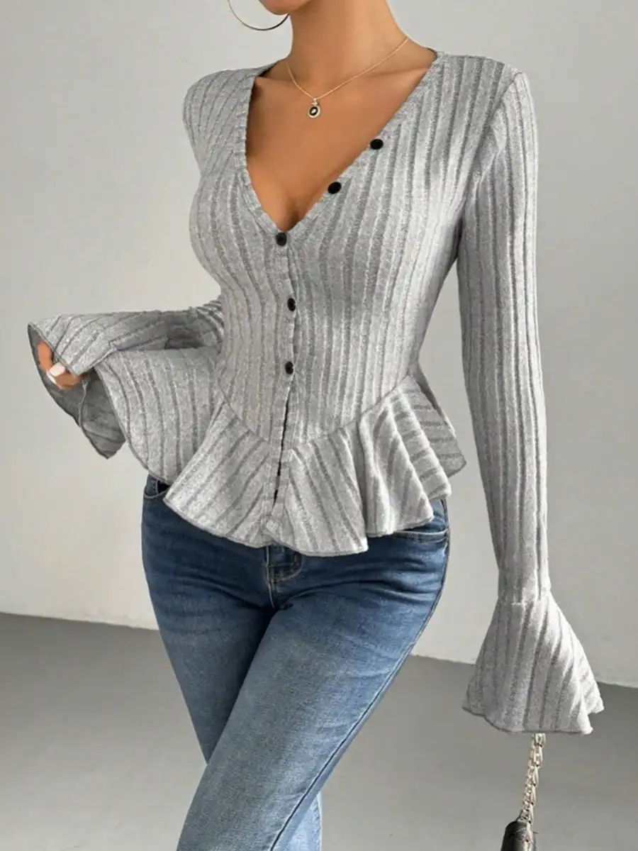 Flared Sleeve Long Sleeve Button Detail Ruffle Panel Detail Deep V-Neck T-Shirt